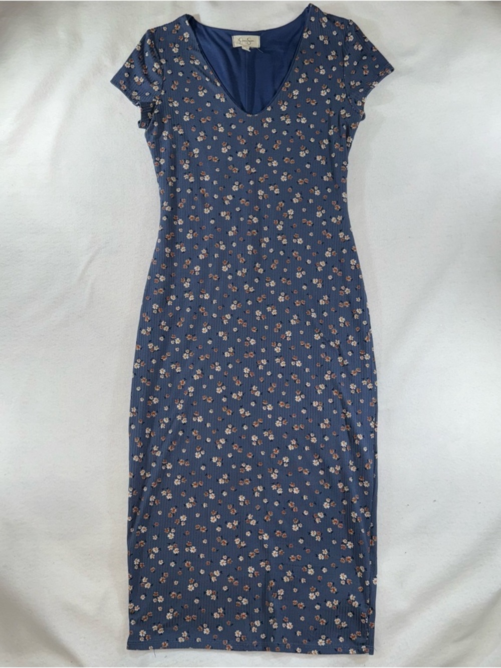 Navy Blue Floral Ribbed Midi Dress bodycon business casual vacation formal prep